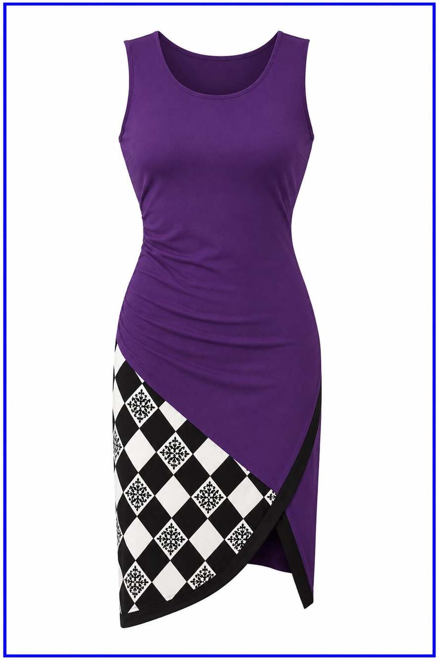 Unbranded Women's Purple Sleeveless Sheath Dress with Asymmetrical Black and Whi